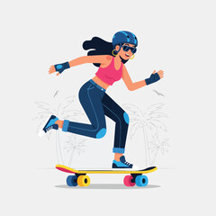 Naklejka premium Flat design side view of smiling young woman in blue helmet and sneakers riding yellow skateboard outdoors with palm trees