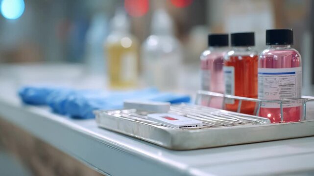 Medium shot of a pointofcare station focusing on a rapid strep test cassette medical gloves and reagent bottles softly blurred on a sterile workspace.