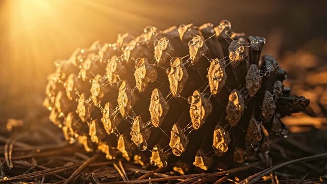 Golden sunset illuminating a pine cone on forest floor