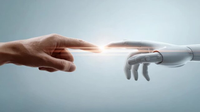 Robotic and human hands nearly touching, generating bright spark of light against soft blue backdrop, symbolizing ai connection and technological evolution