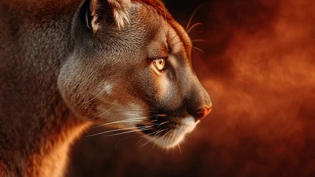 Dramatic Portrait of Cougar Face with Fiery Orange Background