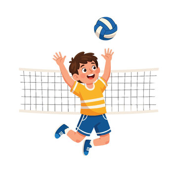 Colorful vector art of happy boy jumping to hit volleyball over net in blue shorts and yellow shirt playing sport action