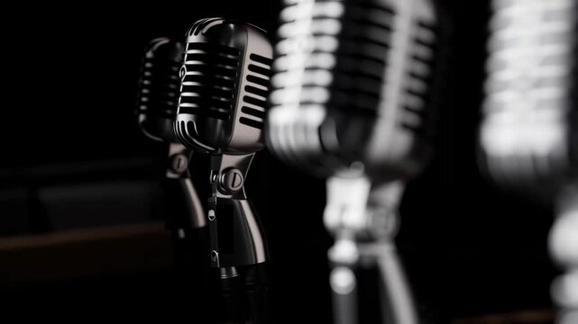 Vintage Microphones in a Row on Dark Background