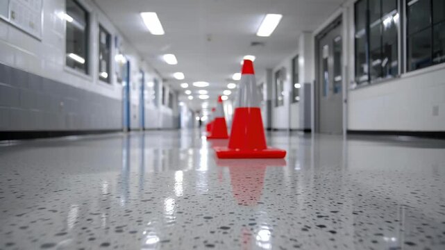 Red Safety Cones in Clean Hospital Corridor with Reflective Floor