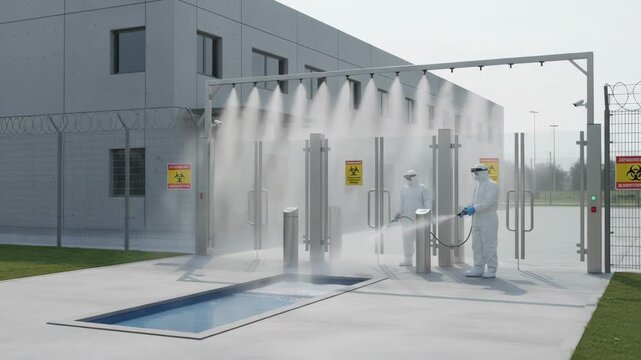 Shot of a secure facility entrance highlighting biosecurity measures including footbath gate barriers and disinfectant spray application.
