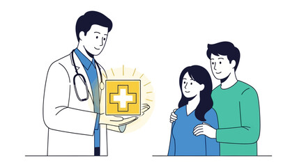 Fototapeta premium Healthcare Symbol of Hope: A caring doctor extends a glowing medical symbol toward a hopeful couple, representing care and support. This illustration highlights health, security, and well-being.
