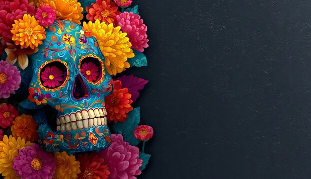Teal sugar skull surrounded by a profusion of colorful flowers