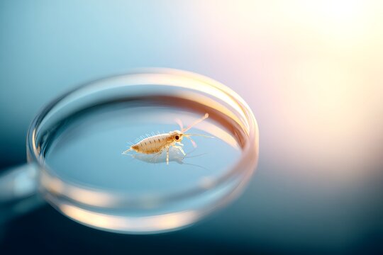 Macro view of a silverfish insect inside a glass petri dish. Lepisma saccharina bug for pest control and entomology concept