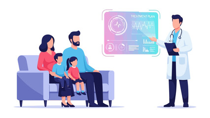 Family Health Consultation: A family of four engaging in a consultation with a healthcare provider, exploring medical reports, and discussing health information for the family.