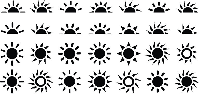 Black sun icons set, sunshine and solar glow, sunrise or sunset. Decorative circle full and half suns and sunlight collection. Hot solar energy for tan.