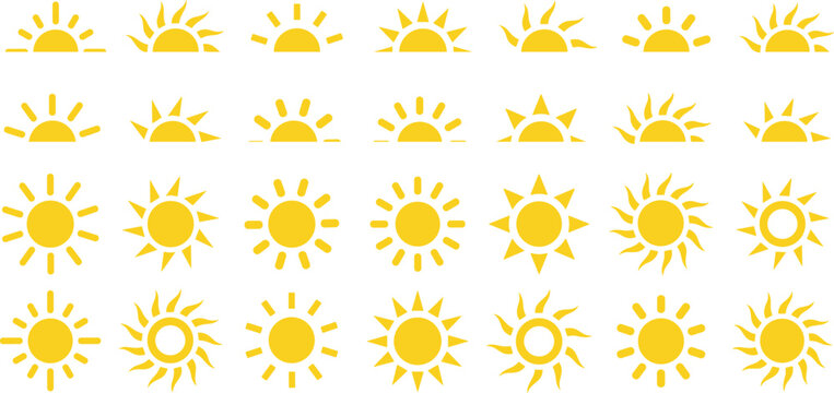 Yellow sun icons set, sunshine and solar glow, sunrise or sunset. Decorative circle full and half suns and sunlight collection. Hot solar energy for tan.