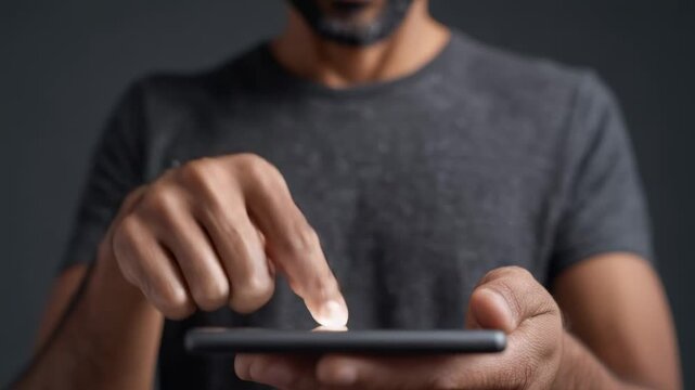 Close up of a man's hands holding and interacting with a tablet computer against a gray background, showcasing modern technology usage and digital browsing
