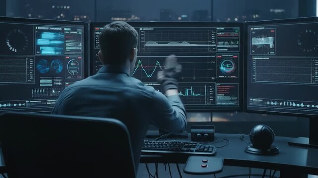 Technician reviewing graphs and alerts on a computer utilizing advanced software to monitor and predict seismic activity patterns underground.