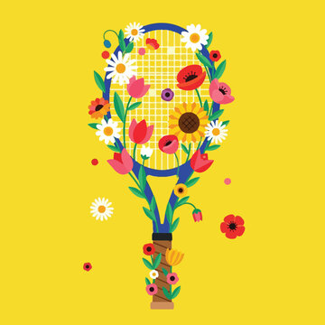 Colorful floral tennis racket with daisies sunflowers tulips and poppies on bright yellow background vibrant vector art design