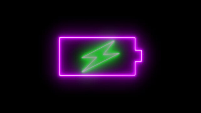 Glowing neon battery icon animation with green lightning blinking bolt on black background.