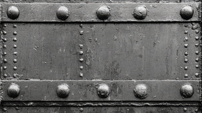 Riveted metal plate steel bolt industrial texture grunge background closeup of weathered iron panel with round rivet head, monochrome surface for construction design, gritty mood