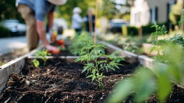 Medium frame capturing a community plot where a person plants seedlings in raised beds with softfocus neighbors and greenery behind.