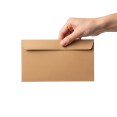 A hand holding a brown textured envelope against a plain white background