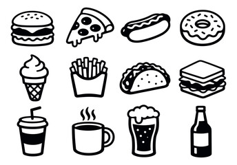 Obraz premium Bold line art fast food and drink icons set featuring popular fast food and beverage items for menus and digital projects