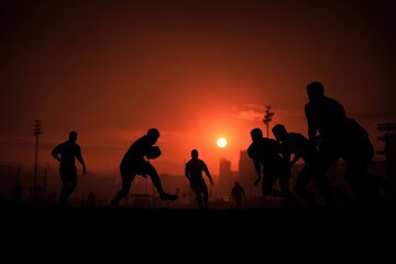 Fototapeta premium Rugby players compete during an evening match at sunset, showcasing intense action and teamwork under a vibrant sky