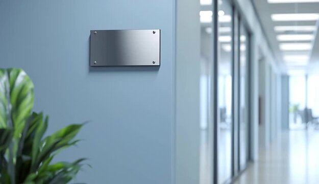 Modern office corridor with blank metal nameplate sign on light blue wall, glass partitions, bright hallway with ceiling lights