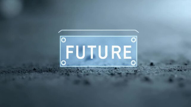Businessman's finger interacts with a futuristic hologram displaying the word future, gradually materializing from a concrete surface, symbolizing innovation and technological advancement