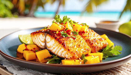 Fried fish with sweet and sour mango sauce, Thai-style, closeup. AI