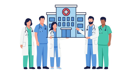 Healthcare Heroes in Unity: A dedicated team of medical professionals stands united in front of a modern hospital, embodying compassion, expertise, and commitment to patient care. 