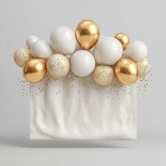 Obraz premium Gold and white balloons with confetti and textured banner, Elegant celebration design, festive event announcement, luxury party theme for congratulations