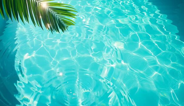 Crystal clear turquoise swimming pool water surface with sunlight caustics patterns, palm tree frond shadow and actual green palm leaf