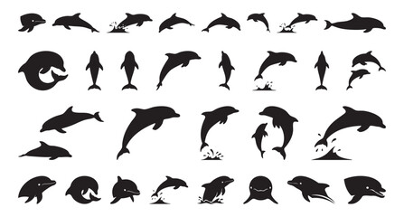 Naklejka premium black dolphin silhouettes in playful pod, multiple leaping profiles over stylized wave shapes, dynamic motion and smooth contours conveying freedom and energy for editorial and decorative use