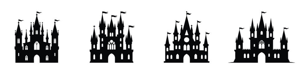Fototapeta premium Gothic Horror Castle Silhouettes: Spooky Medieval Fortress Vector Illustrations for Halloween and Fantasy Design