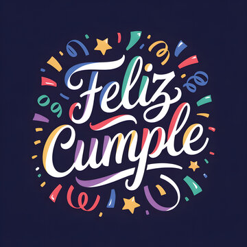Feliz cumple and Feliz cumplea&ntilde;os sign means Happy Birthday in Spanish language. Groovy calligraphy birthday greetings card and party celebration gift with cake candle colorful balloons congratulation
