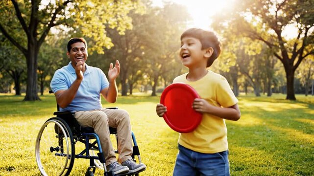 A man in a wheelchair throws a frisbee to his young son in a sunny park. This scene depicts family bonding and inclusive outdoor activities. Perfect for social campaigns or healthcare media.