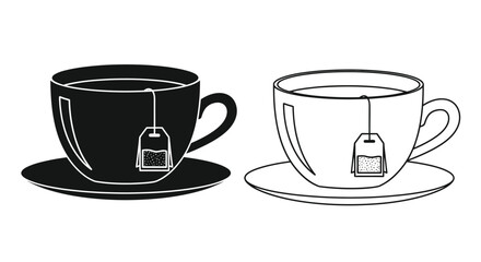 Obraz premium Two cups of tea with teabags one filled and one outline