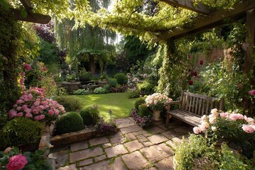 Obraz premium Creating a vibrant garden sanctuary with blooming flowers and lush greenery at the heart of a serene outdoor space during a sunny afternoon