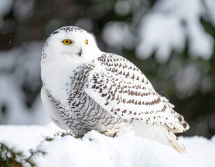 Snowy owl perched on snowy branch, macro shot. AI