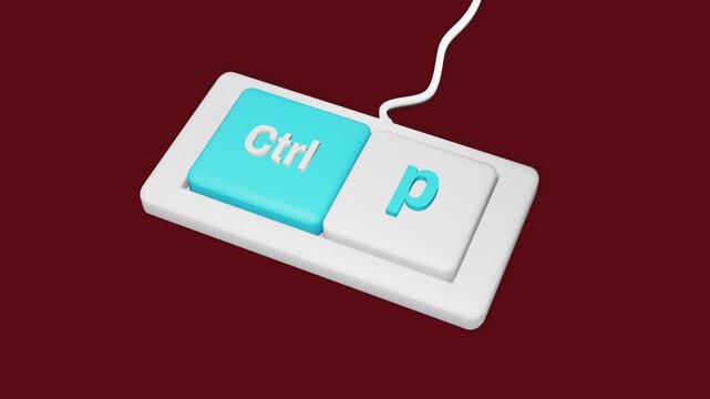 Keyboard Shortcut Ctrl P Button Press Animation for Print Command, Productivity Workflow and Computer User Interface Concept on Red Background