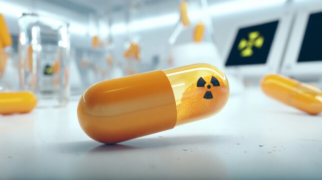 Yellow capsule featuring a radioactive symbol rests on a laboratory table, surrounded by glass containers and digital screens displaying radiation icons