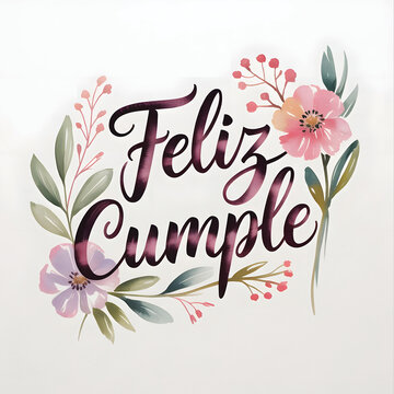 Feliz cumple and Feliz cumplea&ntilde;os sign means Happy Birthday in Spanish language. Groovy calligraphy birthday greetings card and party celebration gift with cake candle colorful balloons congratulation
