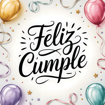 Feliz cumple and Feliz cumplea&ntilde;os sign means Happy Birthday in Spanish language. Groovy calligraphy birthday greetings card and party celebration gift with cake candle colorful balloons congratulation