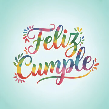 Feliz cumple and Feliz cumplea&ntilde;os sign means Happy Birthday in Spanish language. Groovy calligraphy birthday greetings card and party celebration gift with cake candle colorful balloons congratulation