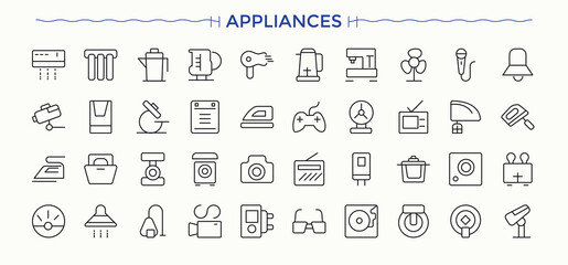Appliances icon set. Featuring cooking, equipment, kitchen, household, electronic and more. Dishwasher vector line icon set. Thin web icons. Editable vector.