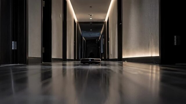 Focused view on a smart robot floor cleaner navigating a dimly lit hallway highlighting its brushes while abstracting the corridors end with gentle blur.