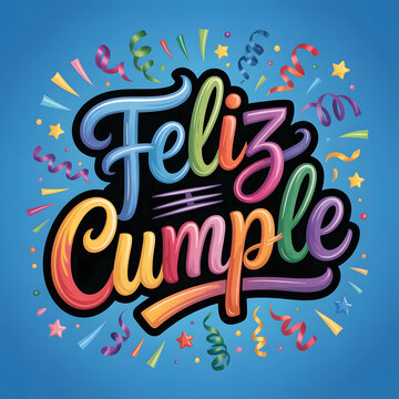 Feliz cumple and Feliz cumplea&ntilde;os sign means Happy Birthday in Spanish language. Groovy calligraphy birthday greetings card and party celebration gift with cake candle colorful balloons congratulation