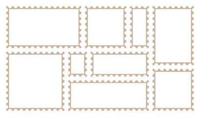 Obraz premium Blank postage stamps with empty paper design. Post stamp frame and border. Rectangle shape frame with Vector zigzag objects for badge, sticker, photo. Vector illustration set