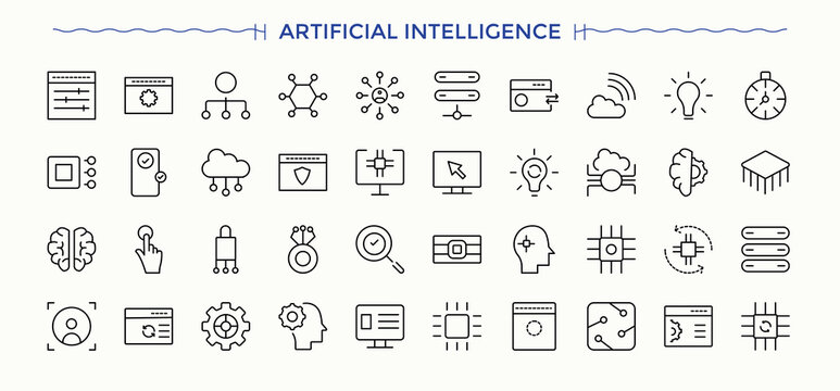 Artificial Intelligence simple icon set. Technology thin outline icons pack. Minimalist icons collection. Science icon collection. Editable stroke.