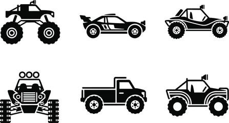 Vector Silhouette Set of Off Road Vehicles Featuring Monster Trucks Desert Buggies 4x4 Pickups and Extreme Sport Racing Cars for Automotive Design © Sherina