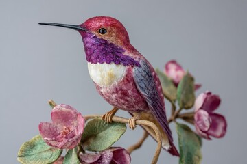 Fototapeta premium Realistic model of a hummingbird perched on a delicate branch adorned with blossoms showcasing vibrant colors and intricate details of its plumage