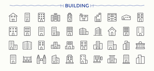 Fototapeta premium Building icon set. Pack of house, town, home, office, real estate, villa and more. Architecture line icon set. Thin web icons. Editable stroke.